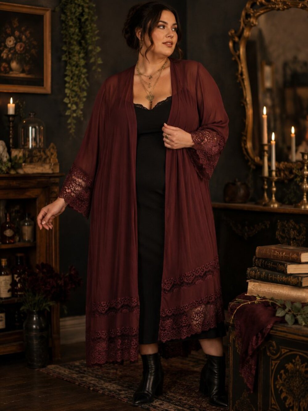 Torrid Burgundy Sheer Lace Trim Kimono Duster Cardigan Plus Size 3/4X